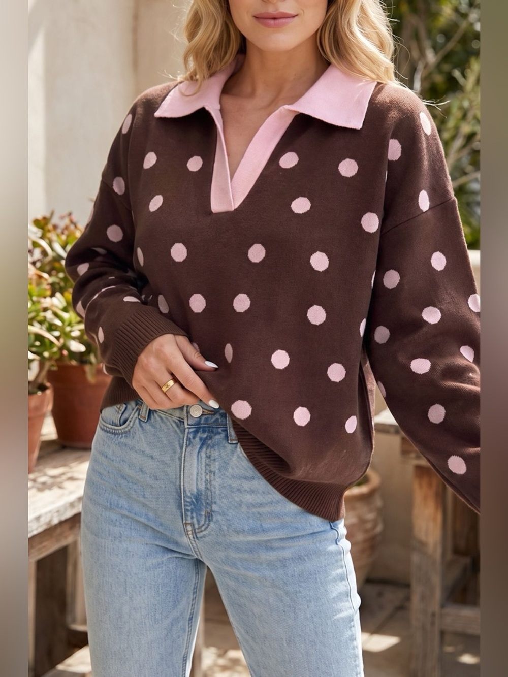 Polka Dot Pattern Color Block Collared Loose Pullover Sweater